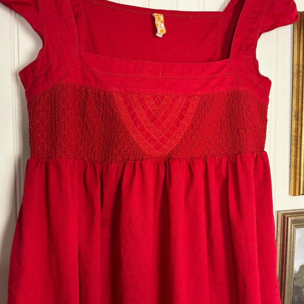 Maeve Mini Dress Womens Size 4 Red Excellent Smocked Cotton Flutter Sleeve - Picture 2 of 8